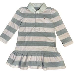 Ralph Lauren polo dress girls 24m gray pink rugby stripe ruffle hem flesh pony